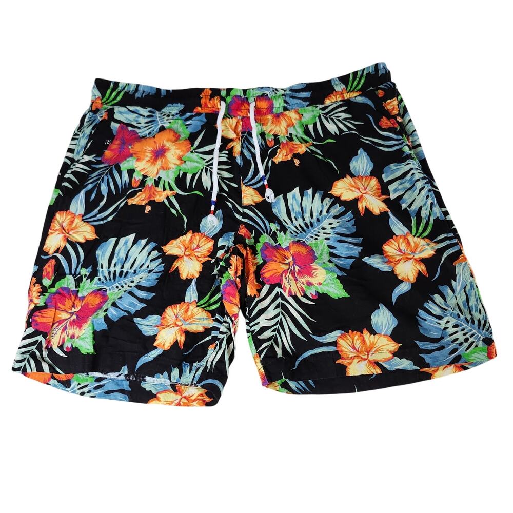 Jogal Shorts Black Hawaiian Floral Drawstring Lightweight Men's Medium VACATION